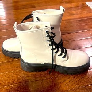White faux leather combat boots